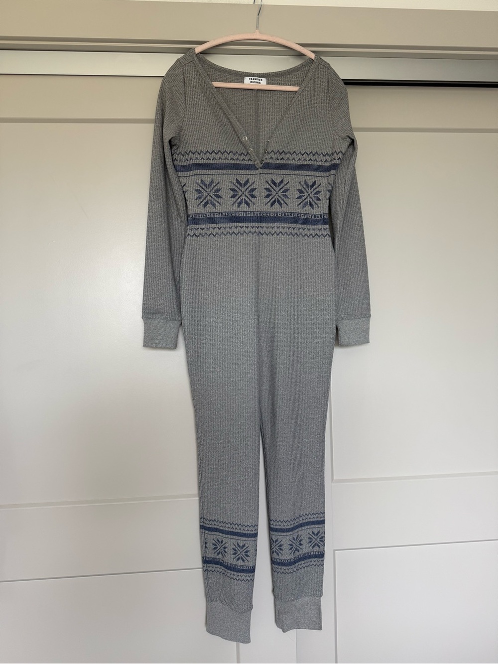 Frankies Bikinis Grey Thermal One-Piece Pajama with Navy Snowflake Pattern